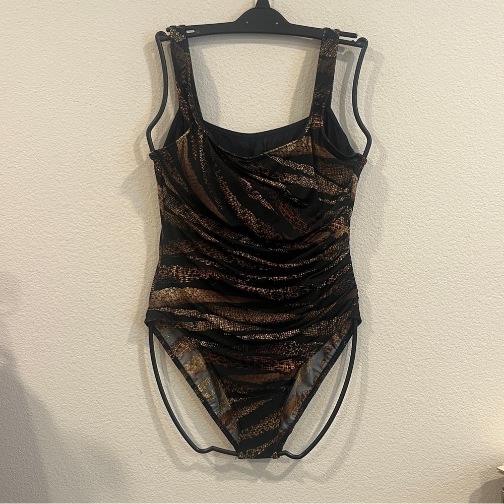 Miracle Suit black orange gold animal print one piece tummy control size 14